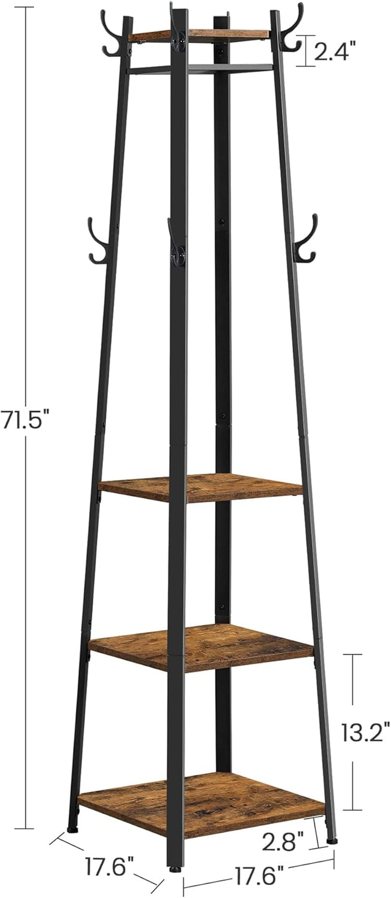 Industrial Coat Rack with 3 Shelves and Hooks