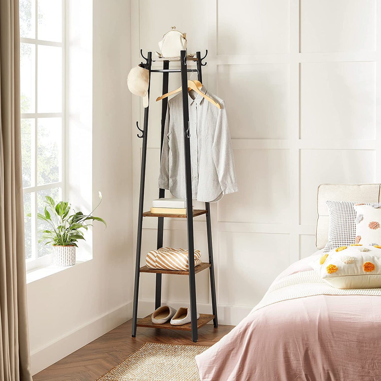 Industrial Coat Rack with 3 Shelves and Hooks