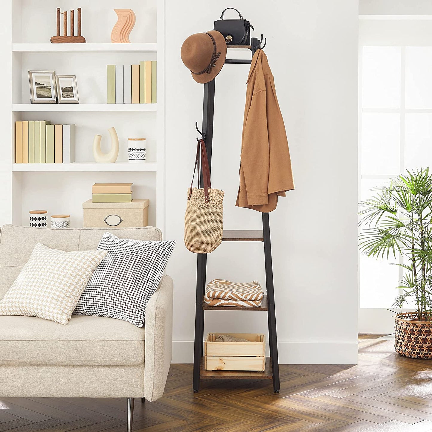 Industrial Coat Rack with 3 Shelves and Hooks