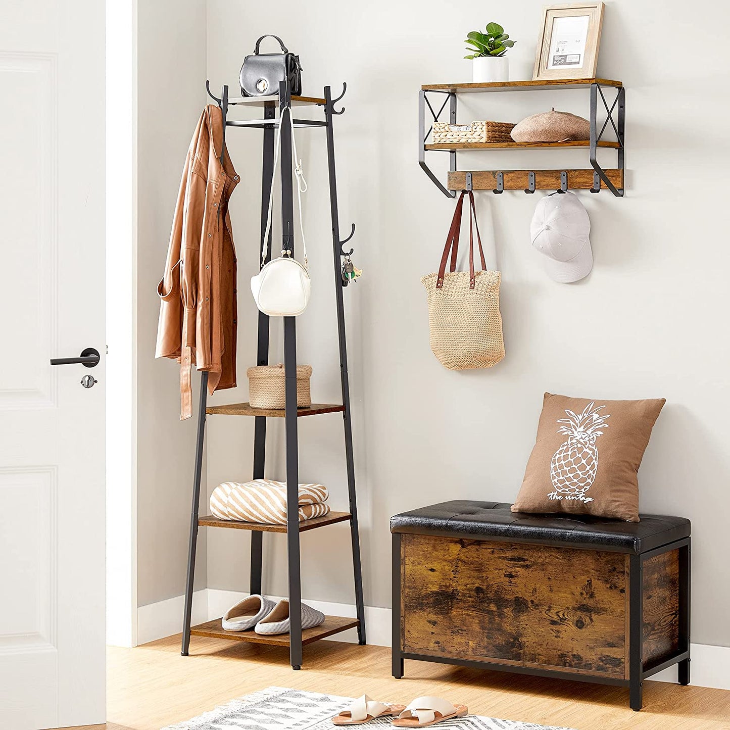 Industrial Coat Rack with 3 Shelves and Hooks