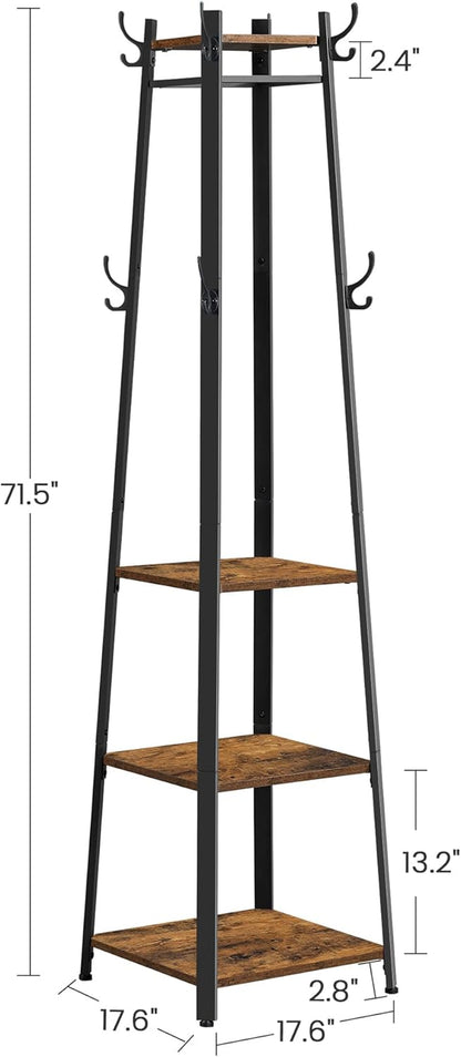 Industrial Coat Rack with 3 Shelves and Hooks