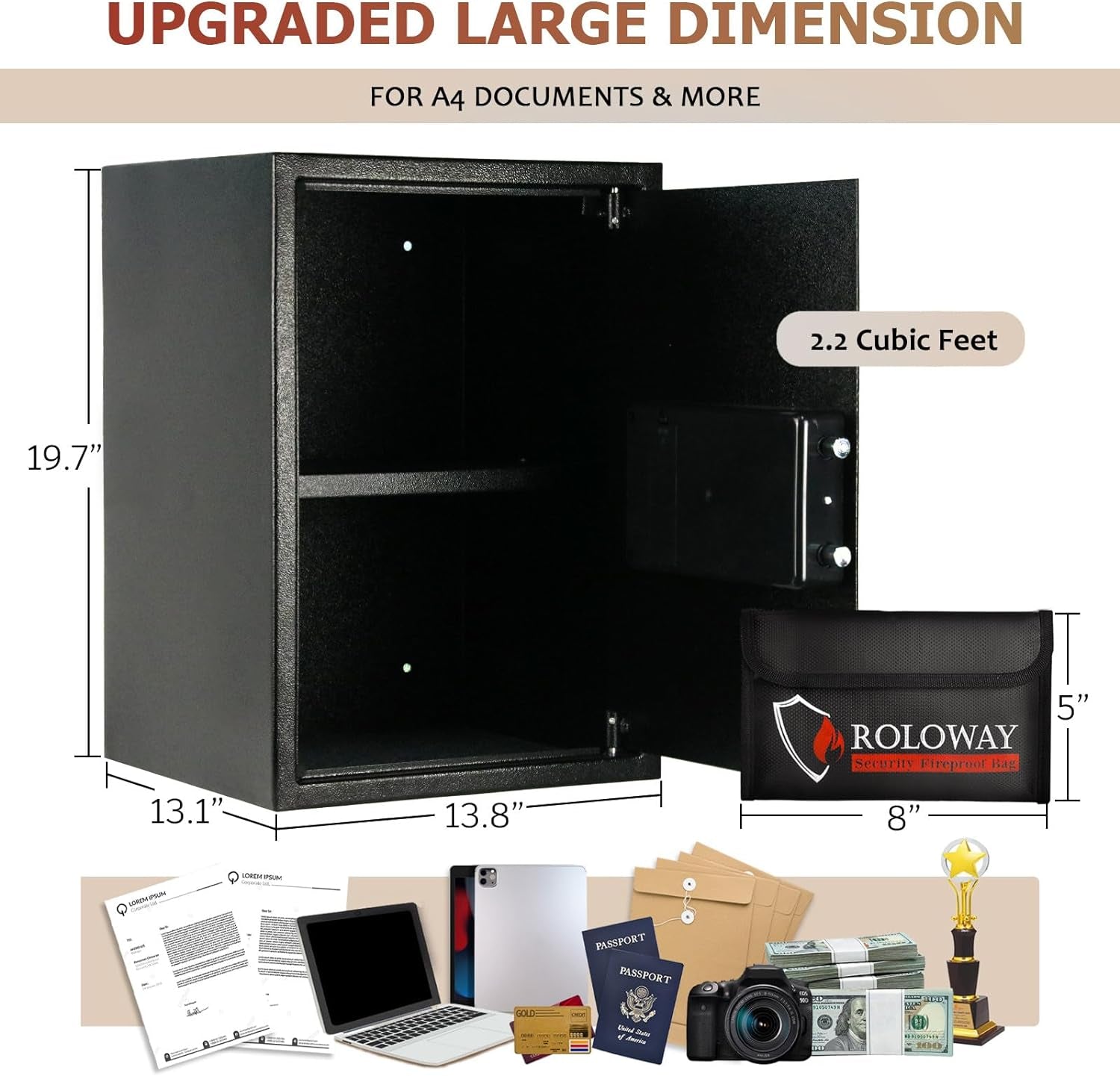 Steel Safe Box (2.2 Cubic Feet), Money Safe for Home Safe, Lock Box with Fireproof Bag for Cash Safe, Security Safety Box for Document Safe, Fireproof Safe with Key Digital Keypad Lock Black