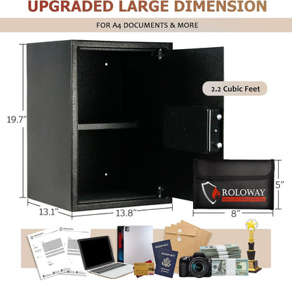 Steel Safe Box (2.2 Cubic Feet), Money Safe for Home Safe, Lock Box with Fireproof Bag for Cash Safe, Security Safety Box for Document Safe, Fireproof Safe with Key Digital Keypad Lock Black