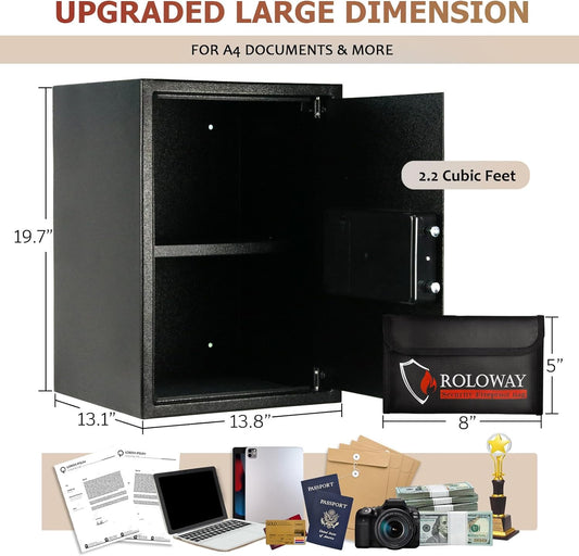Steel Safe Box (2.2 Cubic Feet), Money Safe for Home Safe, Lock Box with Fireproof Bag for Cash Safe, Security Safety Box for Document Safe, Fireproof Safe with Key Digital Keypad Lock Black