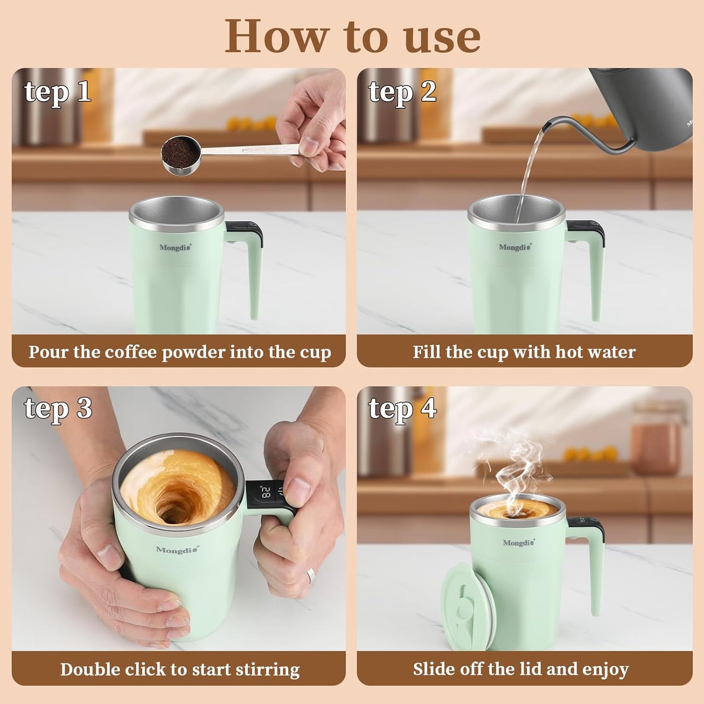 Self Stirring Coffee Mug with Temperature Display, Rechargeable Stirring Mug, Automatic Self Stirring Cup with Lid, for Coffee, Milk and Other Beverages, Green