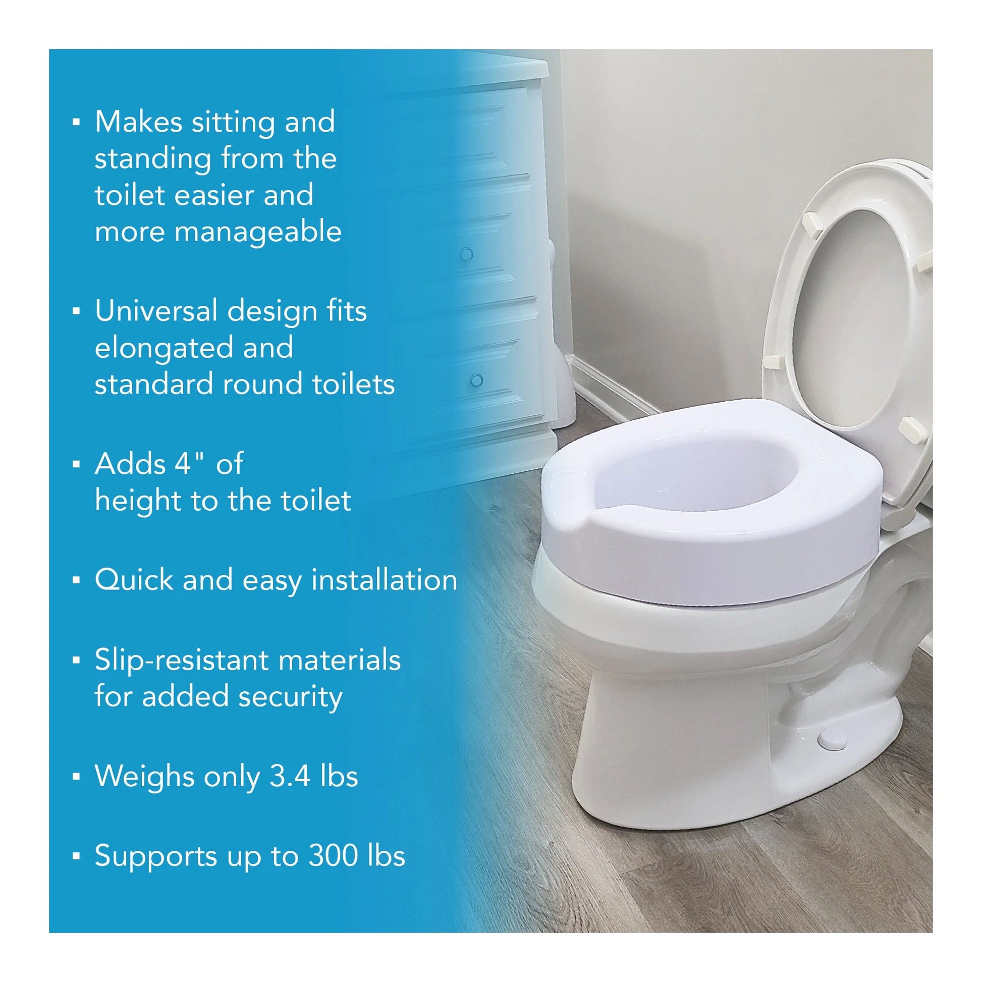 4-Inch Raised Toilet Seat with Quick Lock for Seniors, 300 Lb Weight Capacity, Slip-Resistant