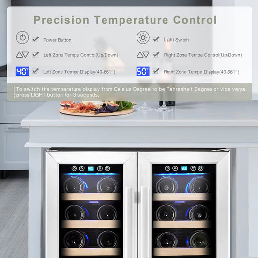40-Bottle Dual Zone Wine Cooler – Built-In/Freestanding with Glass Door.