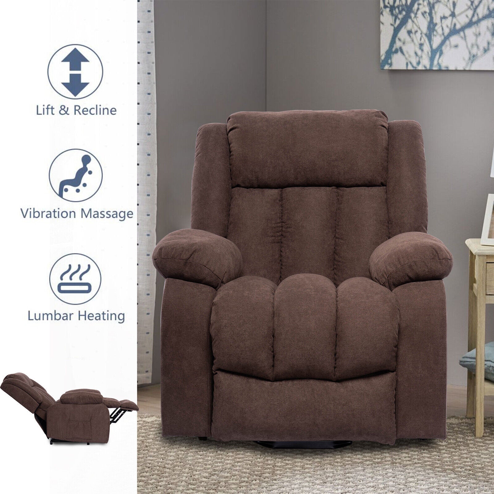 Power Lift Massage Recliner Chair for Elderly Heated Fabric Recliner Ergonomic