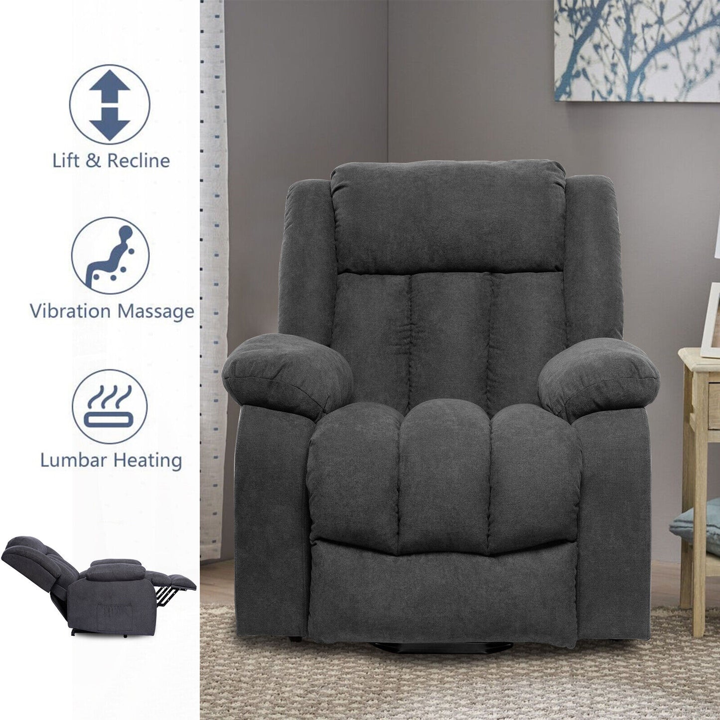 Power Lift Massage Recliner Chair for Elderly Heated Fabric Recliner Ergonomic