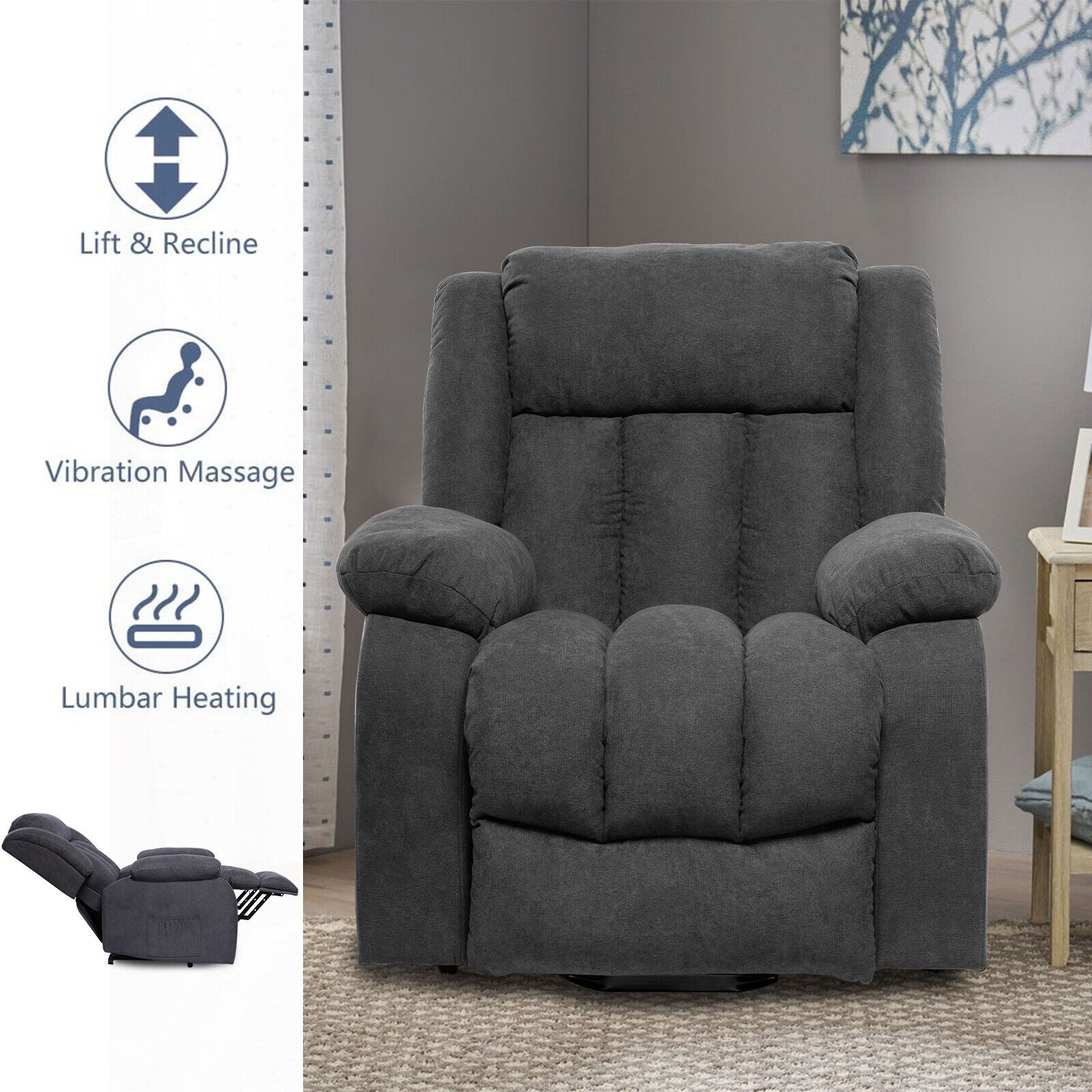 Power Lift Massage Recliner Chair for Elderly Heated Fabric Recliner Ergonomic