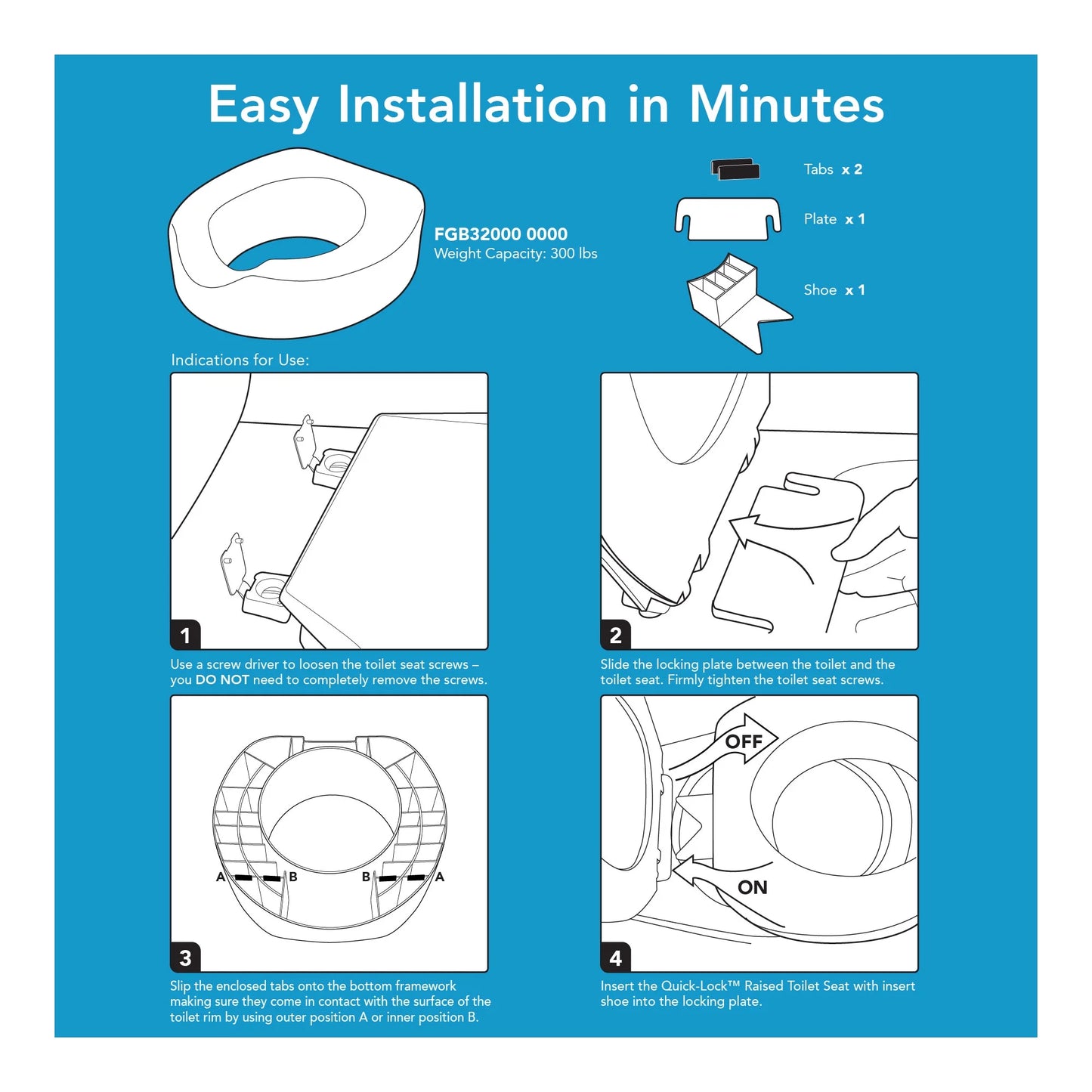 4-Inch Raised Toilet Seat with Quick Lock for Seniors, 300 Lb Weight Capacity, Slip-Resistant