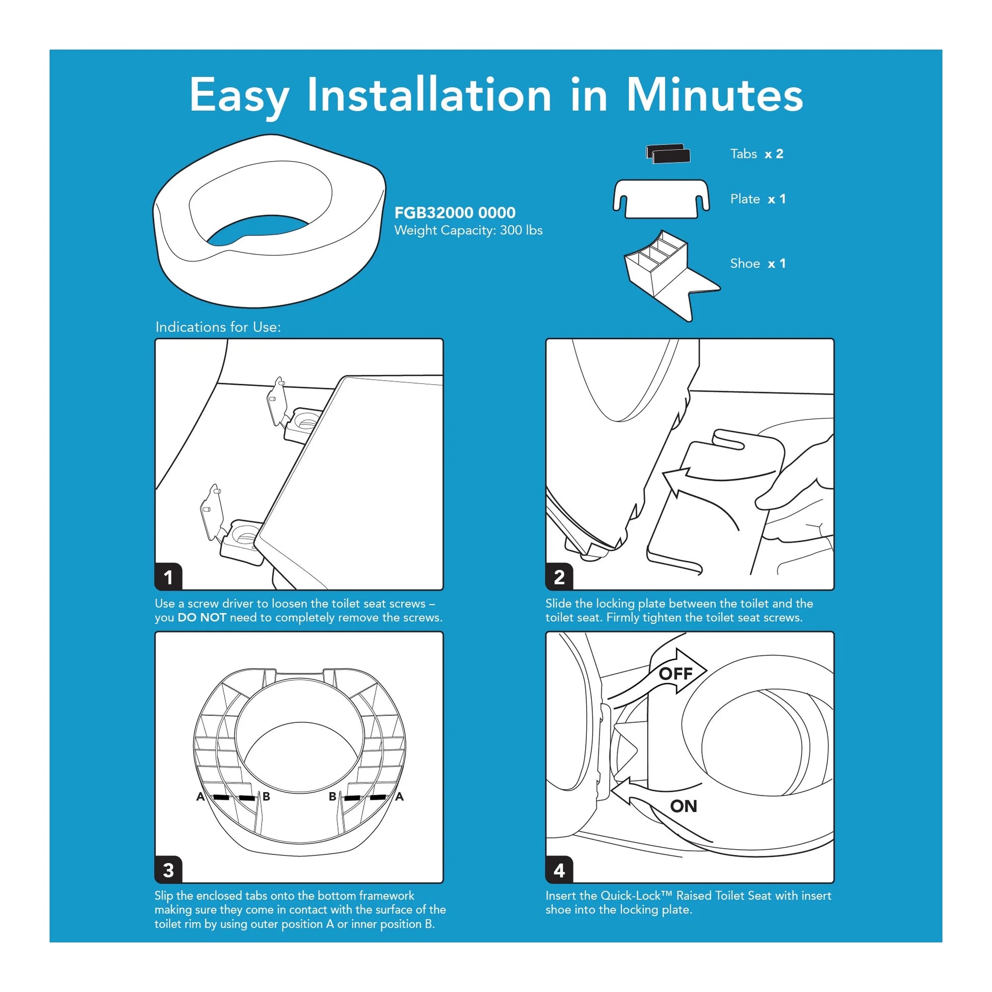 4-Inch Raised Toilet Seat with Quick Lock for Seniors, 300 Lb Weight Capacity, Slip-Resistant