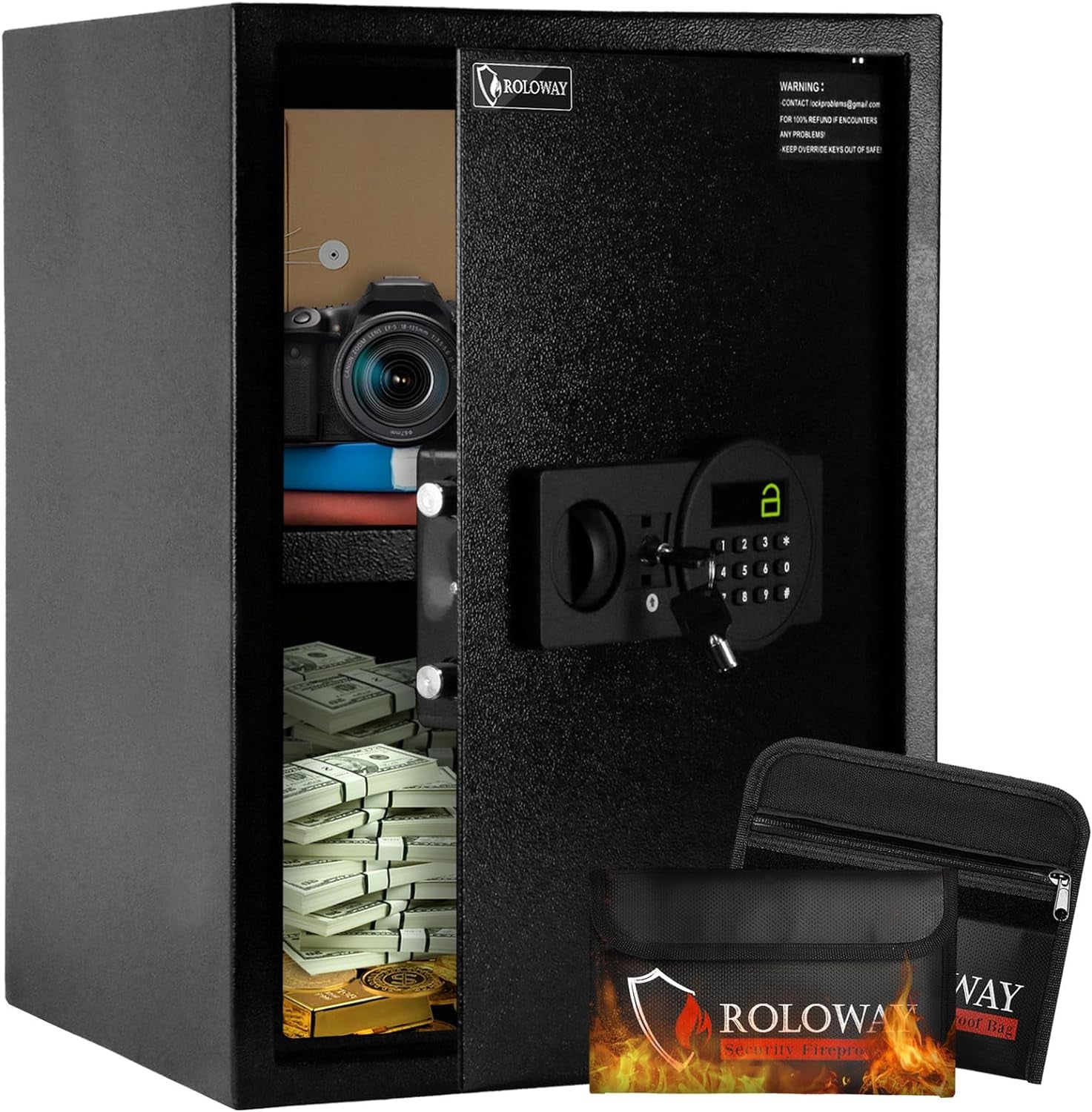 Steel Safe Box (2.2 Cubic Feet), Money Safe for Home Safe, Lock Box with Fireproof Bag for Cash Safe, Security Safety Box for Document Safe, Fireproof Safe with Key Digital Keypad Lock Black